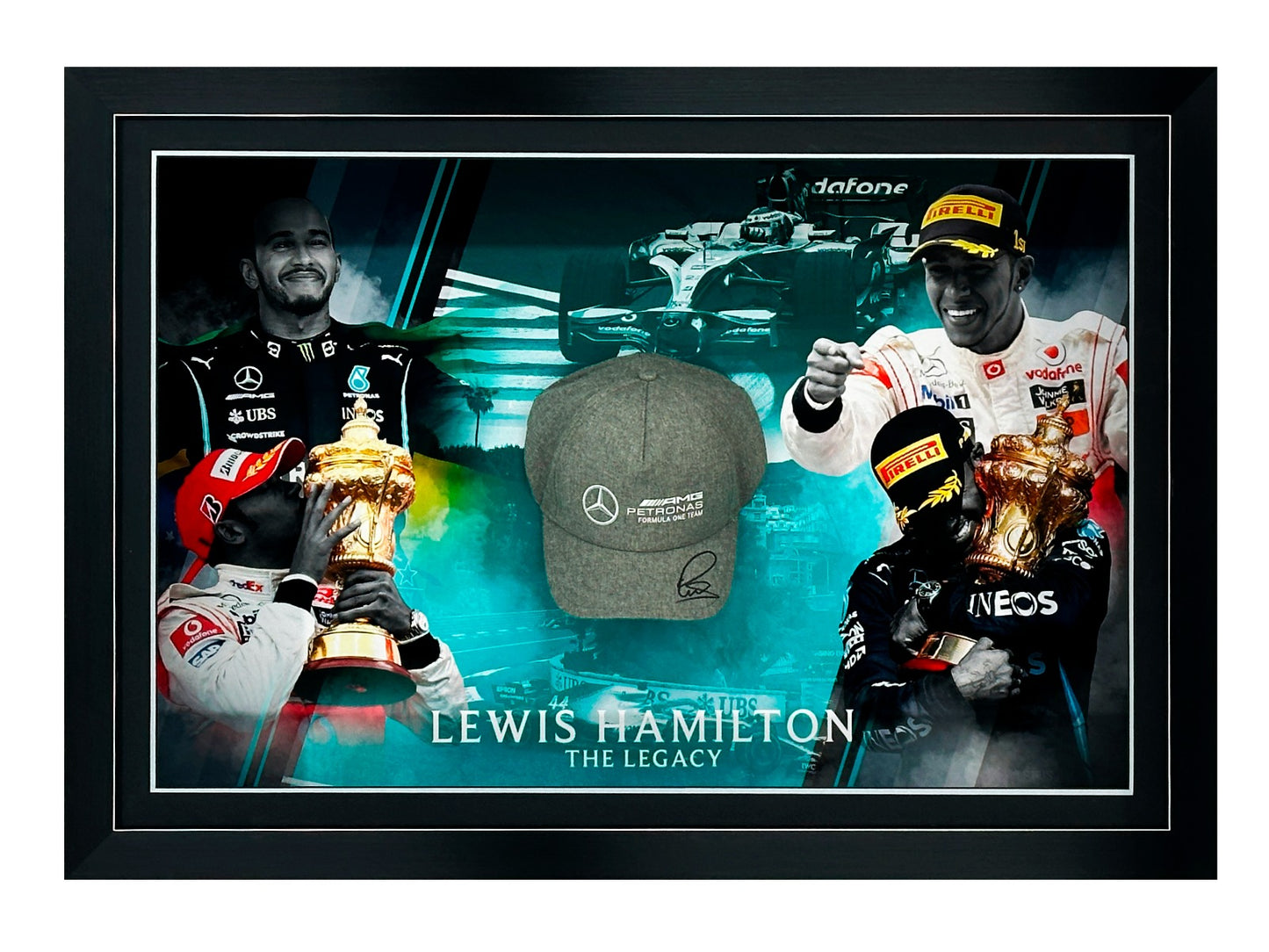 Lewis Hamilton “The Legacy” Framed Cap Display – Signed Mercedes F1 Cap