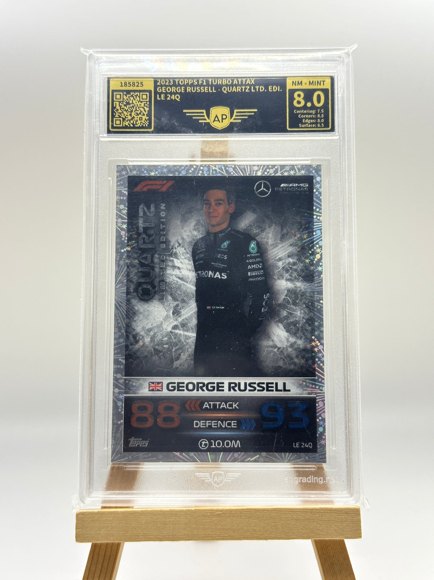 TITLE:  GEORGE RUSSELL QUARTZ EDITION SILVERSTONE EXCLUSIVE GRADED 8 NM – 2023 TOPPS TURBO ATTAX F1 CARD