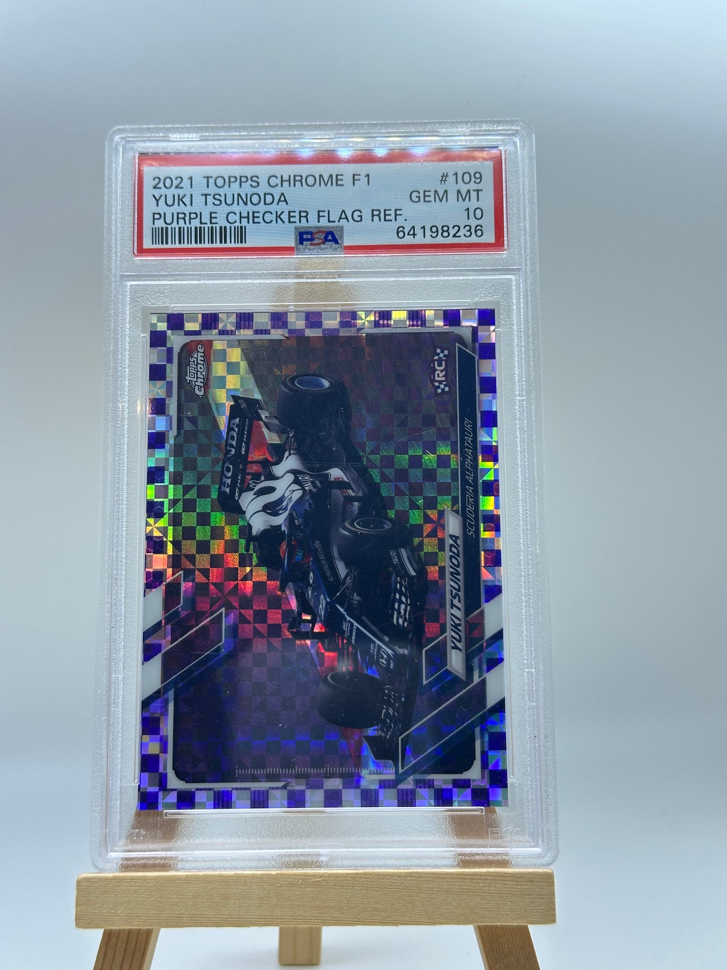 TITLE:  YUKI TSUNODA PURPLE CHECKER FLAG REFRACTOR /199 PSA 10 – 2021 TOPPS CHROME F1 CARD #109