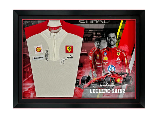 Leclerc & Sainz Signed Ferrari F1 White Top Display – Dual Autograph Memorabilia